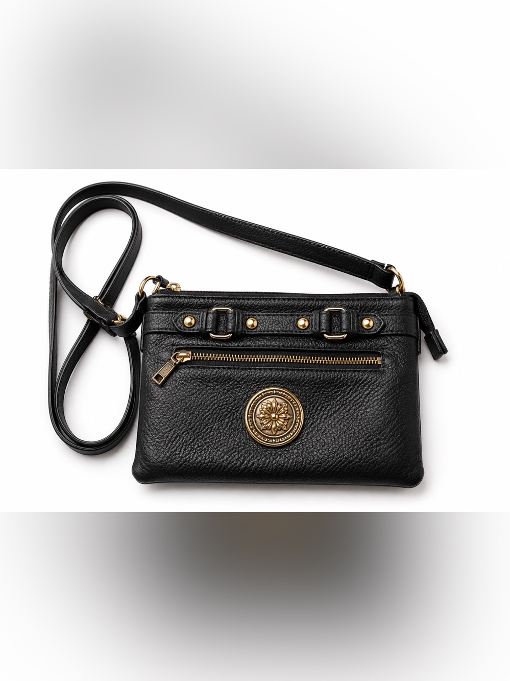 Brighton Black Leather Crossbody with Gold Medallion